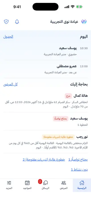 الشاشة الرئيسية للعيادة في نوى، وتعرض مواعيد اليوم والمرضى الذين يحتاجون إلى متابعة