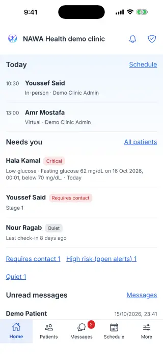 The clinic home screen of NAWA Health, with today’s appointments and patients who need attention
