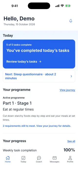 Home screen with today’s tasks, current programme stage and progress