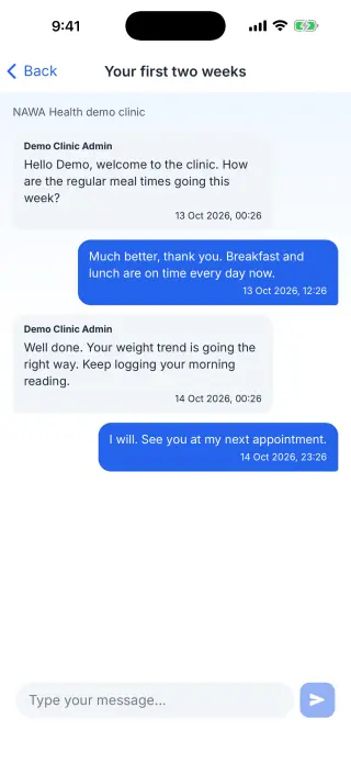 Messages screen with a demo clinic conversation